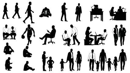 Diverse collection of human silhouettes illustrating various actions, interactions, and family dynamics in everyday life for design projects