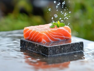 Fresh salmon with water splash on black stone.