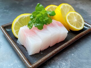 Fresh sashimi with lemon and herbs.