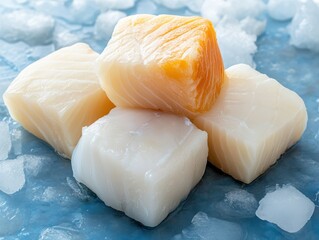 Fresh seafood cubes on ice for culinary use.