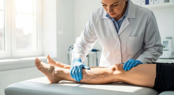 Phlebologist examining patient leg in clinic, vascular health and medical consultation