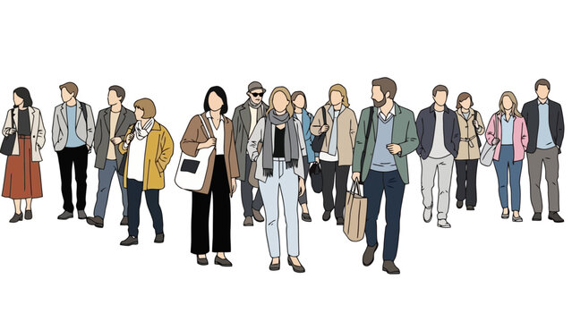Illustration of diverse group of people walking together on a white background, representing community - Powered by Adobe