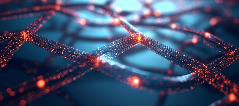 Futuristic Digital Network with Intertwined Cables and Neon Dots Creating a High-Tech Aesthetic