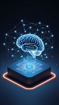 AI-powered isometric landing page showcases a glowing human brain hovering on an antigravity platform surrounded by futuristic microcircuits and neon lighting against a backdrop of cutting-edge