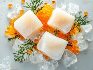 Fresh seafood with garnishes on ice.