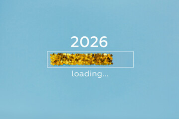 Loading year from 2025 to 2026. New year start concept with golden confetti decoration