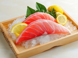Fresh sushi slices with lemon and greenery.