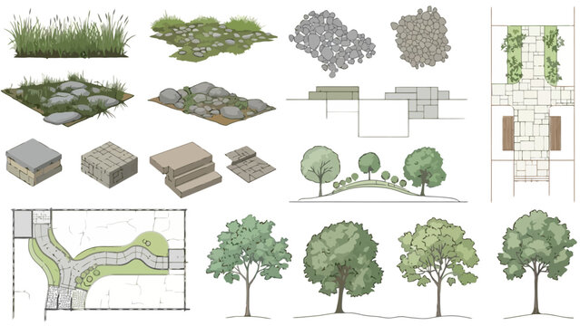 Set of detailed landscape design elements with trees, stone paths, and architectural plans for garden and park projects