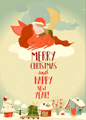 Cute Girl lying with Red Horse on Clouds above Christmas Village. Vector Illustration