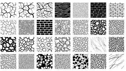 Set of diverse monochrome seamless patterns. Vector illustrations of grunge textures like cracked ground, brick walls, and organic cells