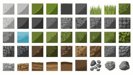 Collection of 2D game tiles including grass, stone, soil, and water textures for level design