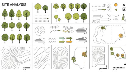 Site Analysis Elements Illustration Trees, Arrows, Topography and Wind