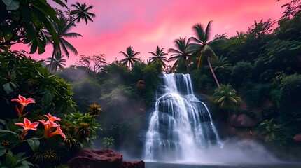 Mystical Sunset Light on Jungle Falls