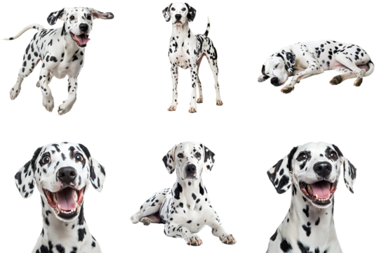 Set of cute Dalmatian dogs isolated on transparent PNG background