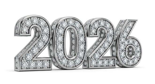 Elegant 3D rendering of diamond encrusted 2026, symbolizing luxury and prosperity for the future