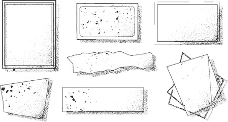 Collection of seven black and white graphic frames and shapes with textured fills and outlines border