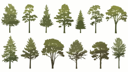 Diverse collection of green tree silhouettes, featuring various deciduous and coniferous species, perfect for landscape design, architectural visualization, and environmental graphics
