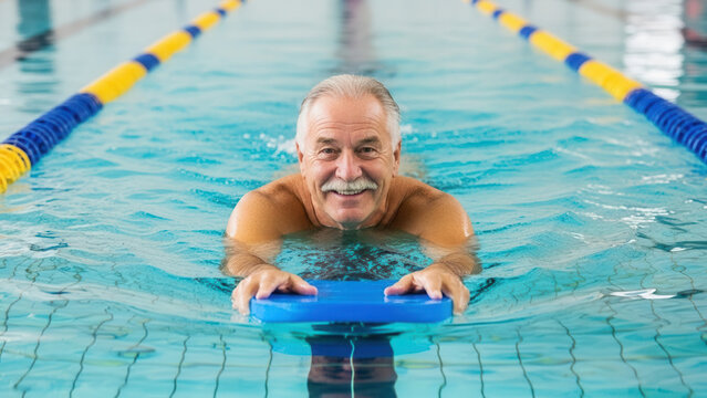 Senior man swimming with kickboard in leisure center pool, aquatic exercise and healthy lifestyle