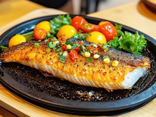 Grilled fish with colorful vegetables on plate.