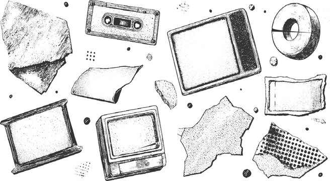 Vintage cassette tape television screen and torn paper fragments scattered retro