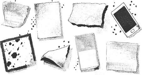 Collection of torn paper scraps notebook pages and smartphone in black and white sketch style vector