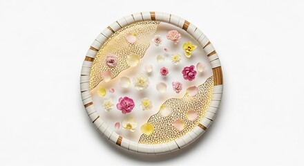 Floral arrangement in decorative round tray with gold accents on white background