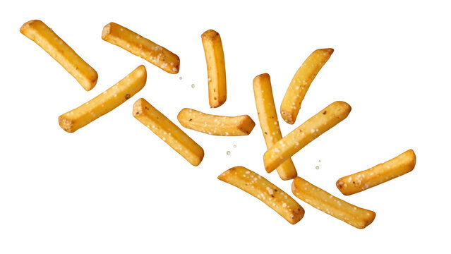 Flying delicious potato fries isolated on white or transparent background. PNG