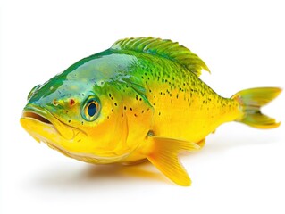 Vibrant yellow and green fish on a white background.