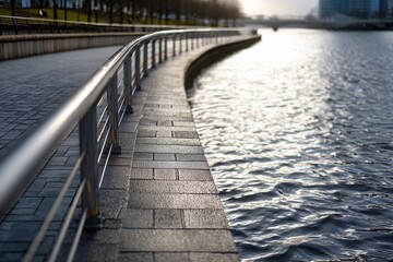 Curved Pathway Along the Water's Edge Reflecting Light, Inviting Strolls and Peaceful Moments in a Serene Setting