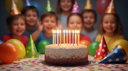 Group of happy children wearing colorful party hats celebrating a birthday with a lit cake in the foreground