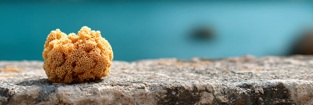 Natural yellow sea sponge sitting on a rock near blue ocean water
