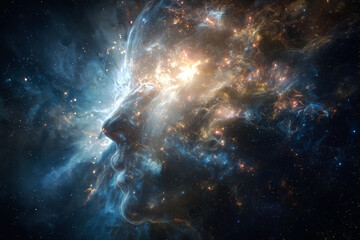 Silhouette of human in bright space with stars. Abstract space background. Meditation and Psychology. Astrology. Success and motivation. Created with generative AI