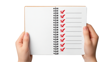 Checklist Notebook: Open Notebook with Red Checkmarks Held in Hands on White