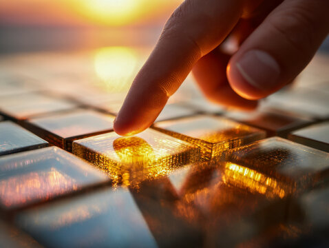 Finger gently touching illuminated glass keyboard keys glowing warmly under soft ambient light during sunset or sunrise for futuristic technology concept
