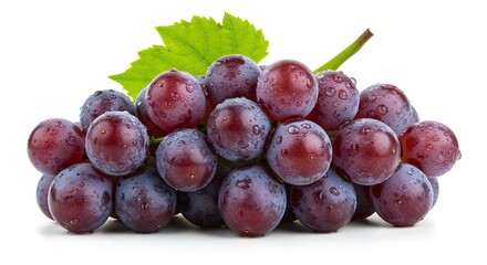 Fototapeta premium Fresh Red Grapes with Water Droplets and Green Leaf on White Background.