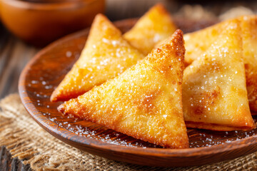 Golden crispy fried triangular snacks served on a wooden plate with dipping sauce, highlighting texture, warmth, and appetizing homemade comfort food in a close-up culinary scene.