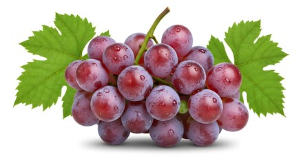 Fototapeta premium Vibrant Red Grape Cluster with Sparkling Water Droplets and Green Leaves Isolated on White.