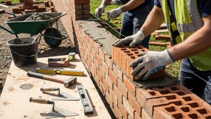 Mason is laying brick with mortar. Man is building brick wall. Construction site worker engaged in home improvement project.