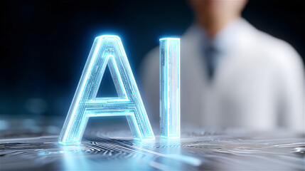 Glowing AI letters on a futuristic digital surface with blurred professional figure in background, representing artificial intelligence, innovation, modern technology and data-driven progress.