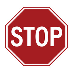 Classic red octagonal stop sign with white border and the word stop in bold white capital letters