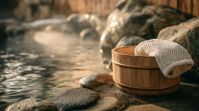 湯気が漂う露天風呂の温泉風景