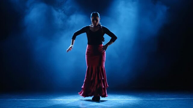 Dancer performs flamenco on stage. Woman moves with dramatic skirt and precise footwork. Spotlight creates strong silhouette through smoke. Dance movement shows rhythm passion and strong performance.