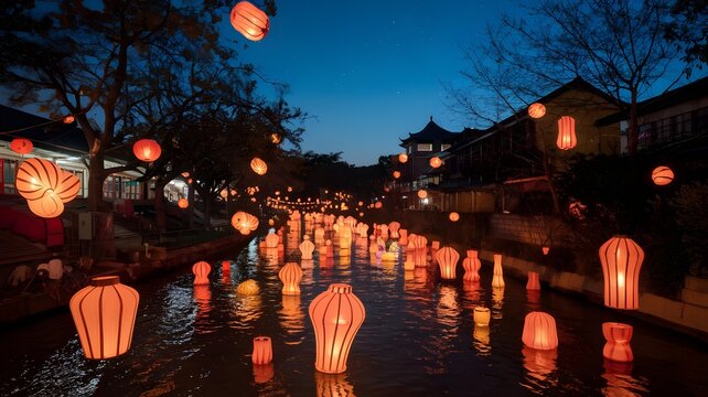 River Lantern Festival with Floating Sky Lanterns