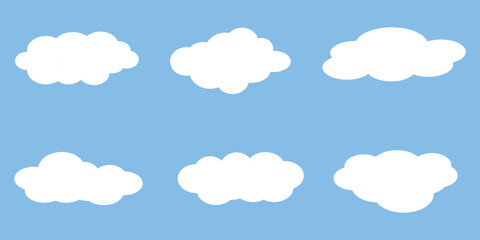 Set of white cloud icons on a blue background. Cloud shapes vary in size and form. Simple cloud design for weather or sky themes. Cloud icons in a grid layout. Weather illustration.