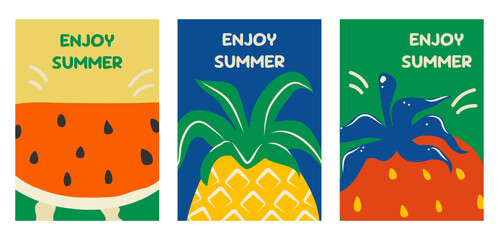 Bright summer covers with juicy fruits in a naive flat style. Posters, cards, banners. Vector illustration of watermelon, pineapple, and strawberries. Copy space.