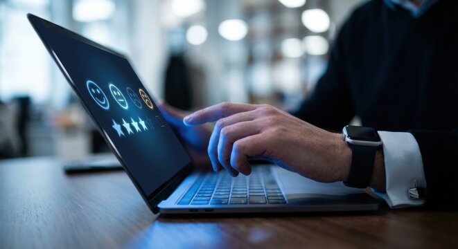 Businessman's hand touching a laptop screen to give a five star rating on an online satisfaction survey with glowing emoticon icons in a modern office