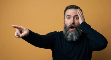 Shocked bearded man with wide eyes points his finger to the side with an open mouth in disbelief, holding his head in amazement on a solid yellow background