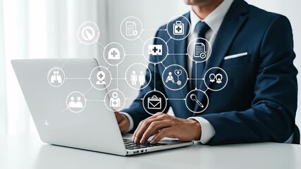Businessman Using Laptop with Healthcare Technology Icons Concept. - Powered by Adobe