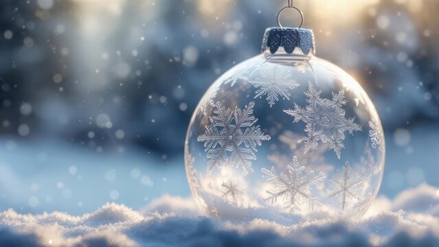 A transparent glass Christmas ornament with snowflake details, amidst fresh snow and frosted light - Powered by Adobe