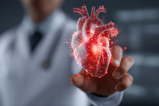 The hands of a doctor scientist hold a digital 3D model of a bright red human heart.